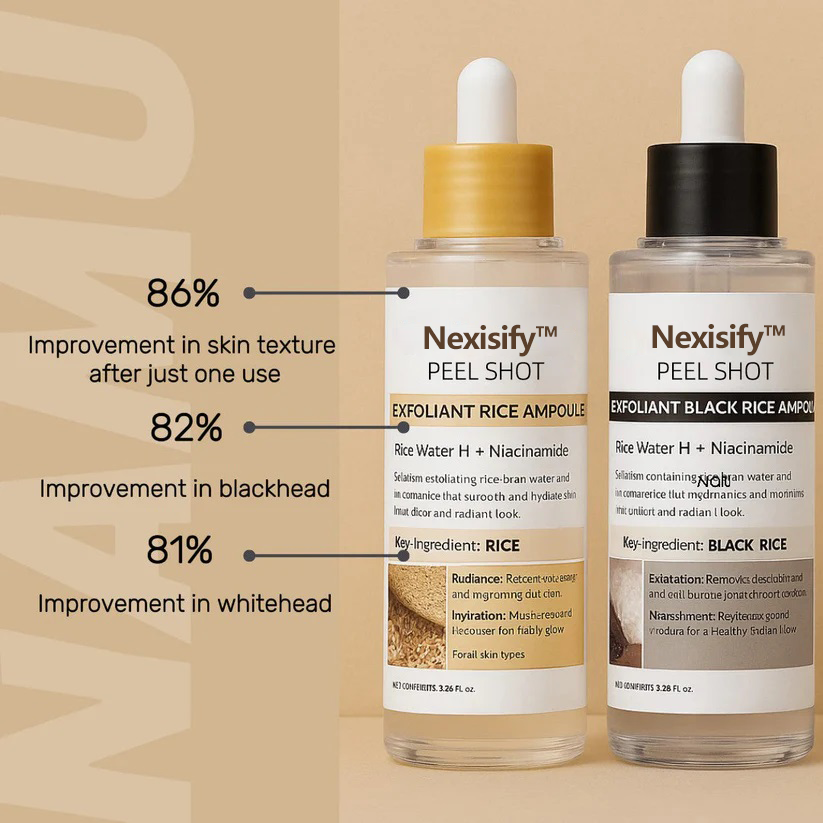 Nexisify® Peel Shot Glow Rice Ampoule Duo - Serums for Brightening, Exfoliating, and Moisturizing - Suitable for All Skin Types